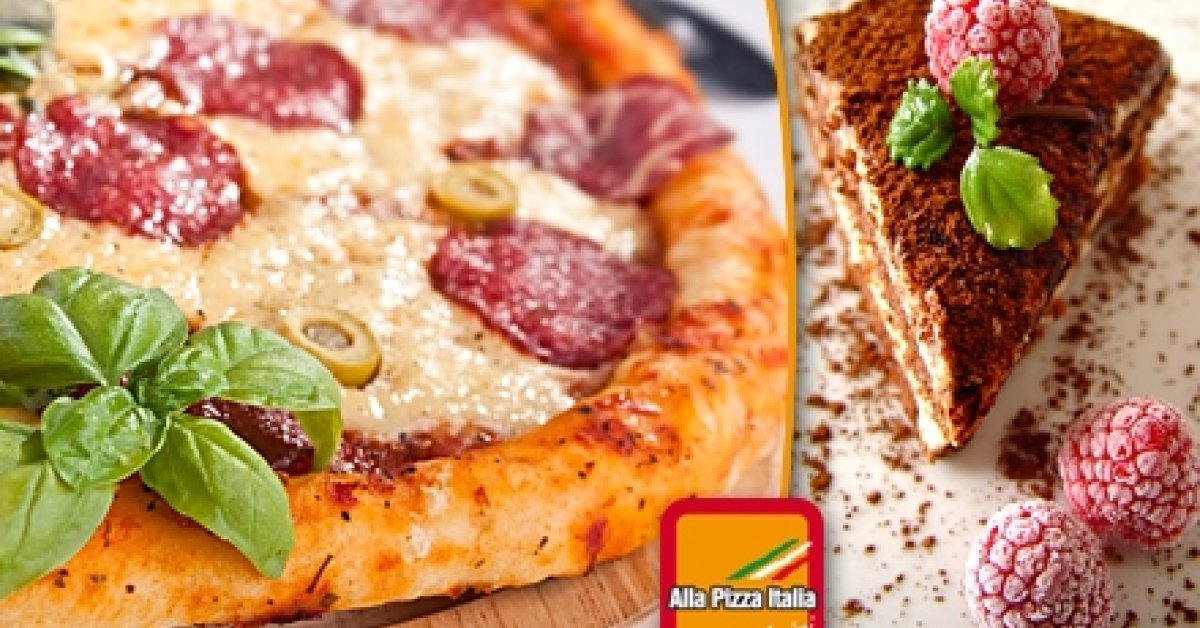 Két pizza két keréken. Két 32 cm-es pizza, hozzá egy desszert házhozszállítással 1.690 Ft-ért az Alla Pizza Italiától (50%-os kedvezmény)