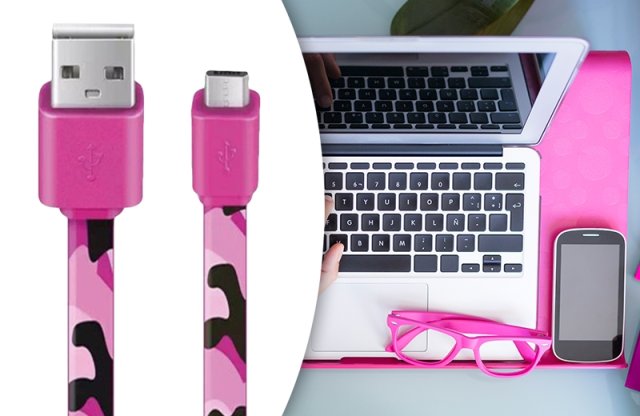 Micro USB töltőkábel, 100 cm, pink-terepmintás + több színben