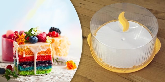 Torta- és süteménytároló forgatható alappal, sárga + más színben