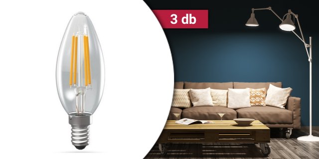 Filament gyertya LED izzó csomag, E14, 4W, melegfehér, 3 db