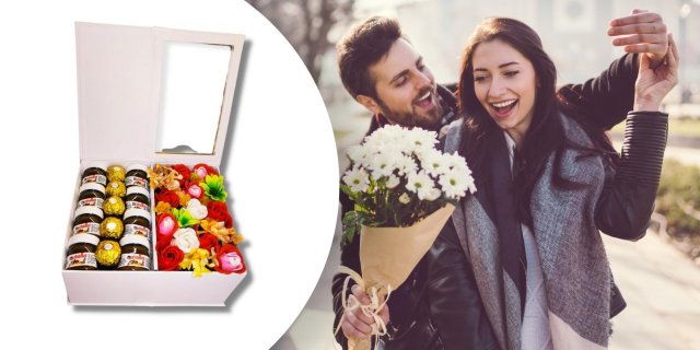 BoxEnjoy: fehér LOVE ládika desszert doboz - piros szappanrózsával, Nutella és Ferrero Rocher