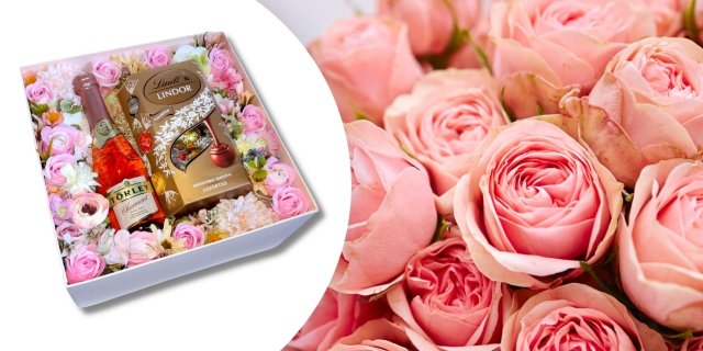 BoxEnjoy - kocka desszert doboz - szappanrózsa, LINDOR Assorted csokoládé válogatás és Törley Charmant Rosé édes pezsgő