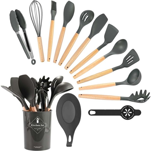 Timeless Tools 14 darabos konyhai eszközkészlet, hőálló szilikon fejjel, tartóval, sötétszürke