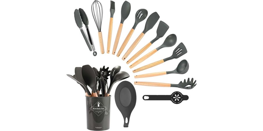 Timeless Tools 14 darabos konyhai eszközkészlet, hőálló szilikon fejjel, tartóval, sötétszürke
